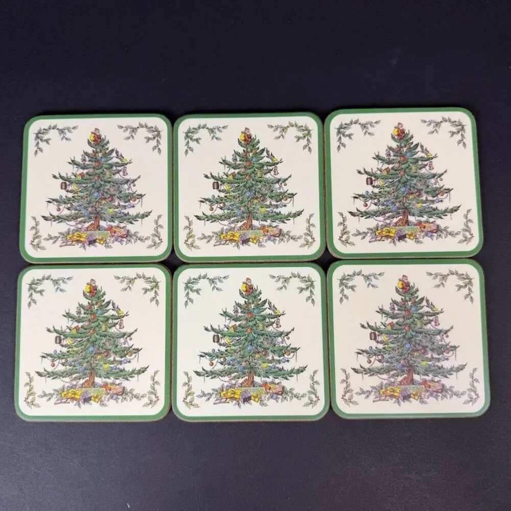 Set of 6 Spode Christmas Tree Cork/Acrylic Finish 4.25 in Coasters, Made England